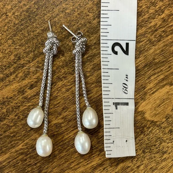 Rhodium over 925 Sterling Silver Freshwater Pearl Dangle Earrings & Necklace Set - Picture 5 of 15